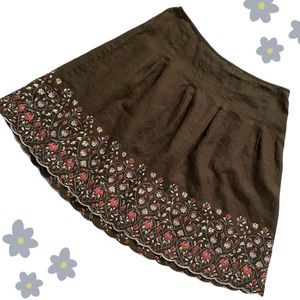 Ann Taylor linen a-line floral embroidery skirt w/ side zipper, brown
